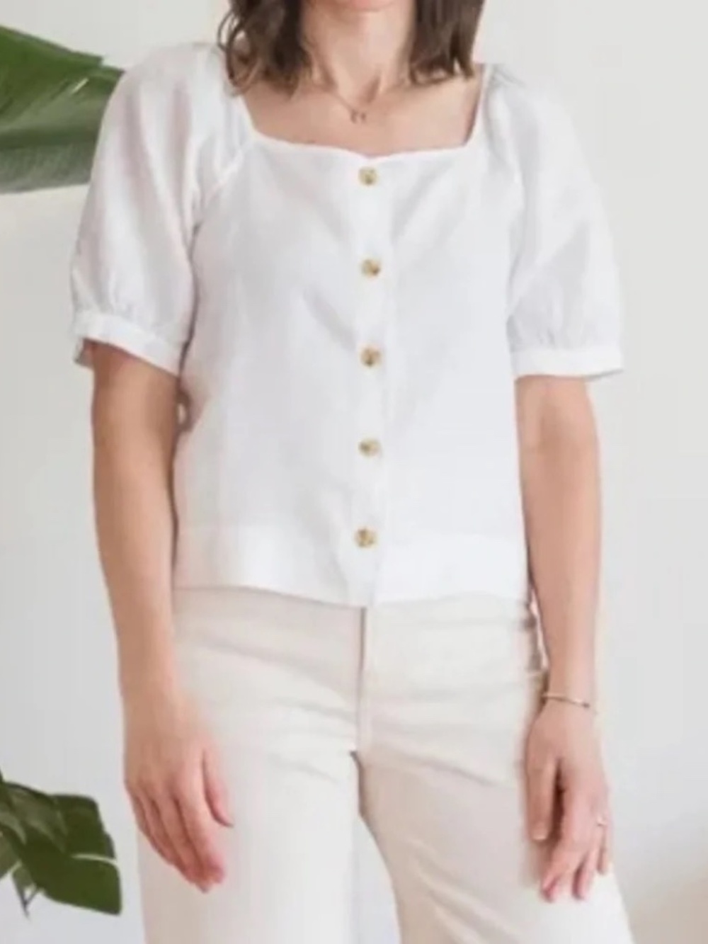 EVERLANE The Linen Puff Sleeve Button Up White Top Blouse 14